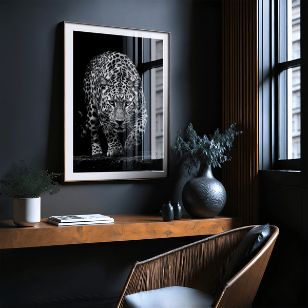 Wildlife photography poster of a leopard with detailed spots and an intense gaze