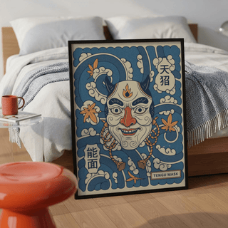 Graphic tengu mask print with swirling clouds and maple leaves poster