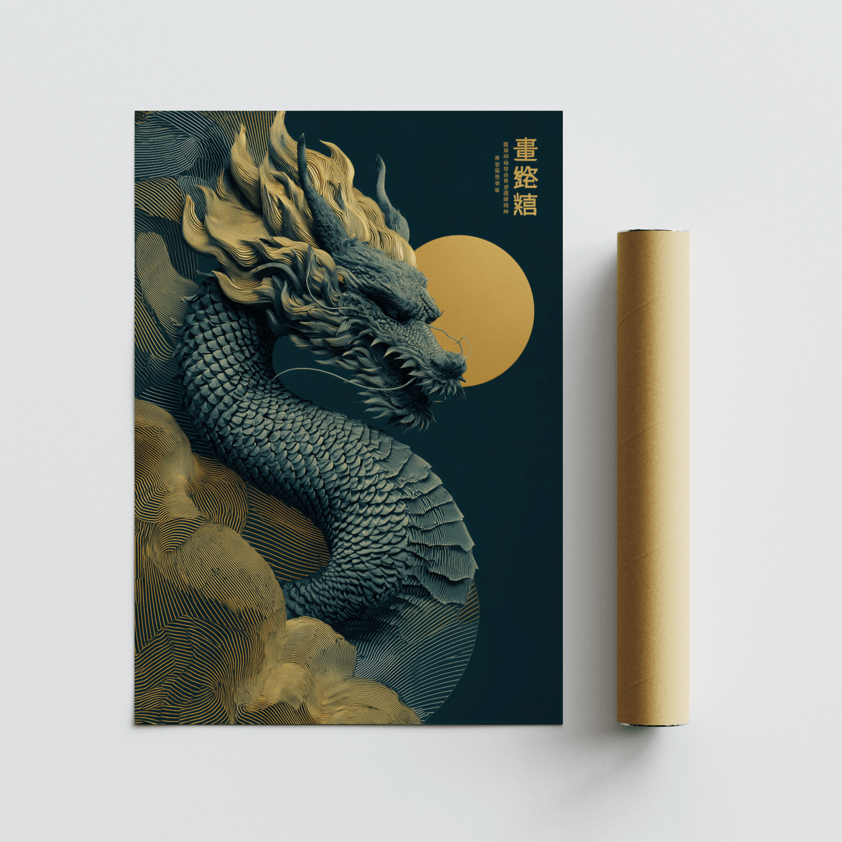 Chinese Dragon Art Print detailed blue gold for workspace art