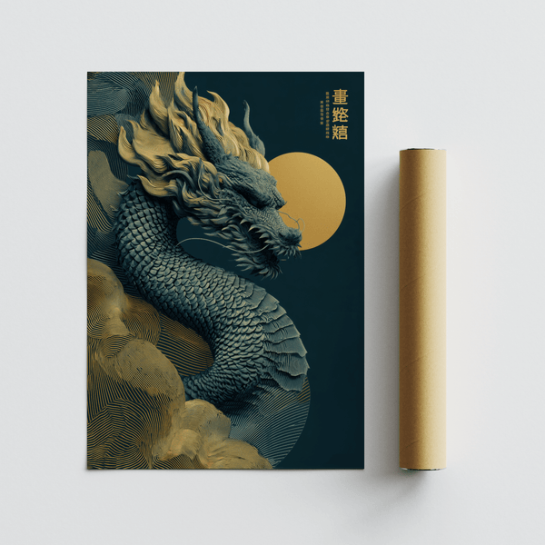 Chinese Dragon Art Print detailed blue gold for workspace art