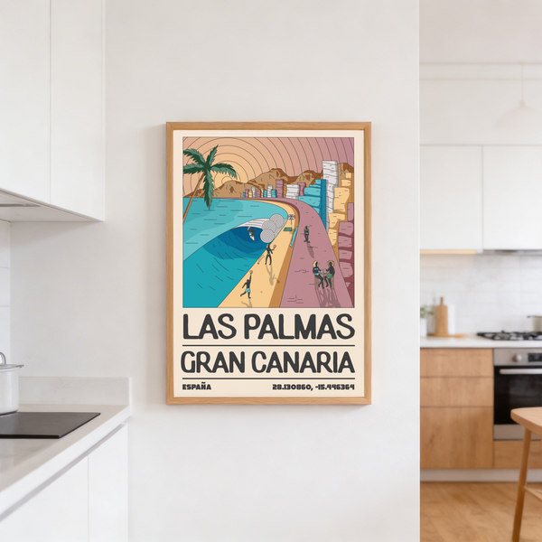 Graphic bay scene with concentric sky arcs and mountains