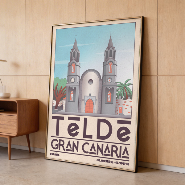 Close-up of the twin bell towers and window details on the Telde Gran Canaria Art Print poster