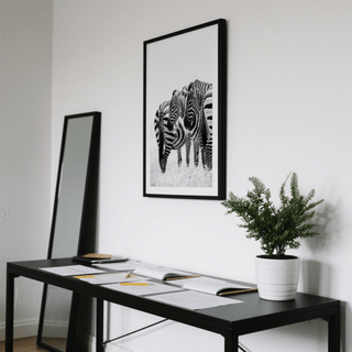 Monochrome zebra pair photograph with negative space above