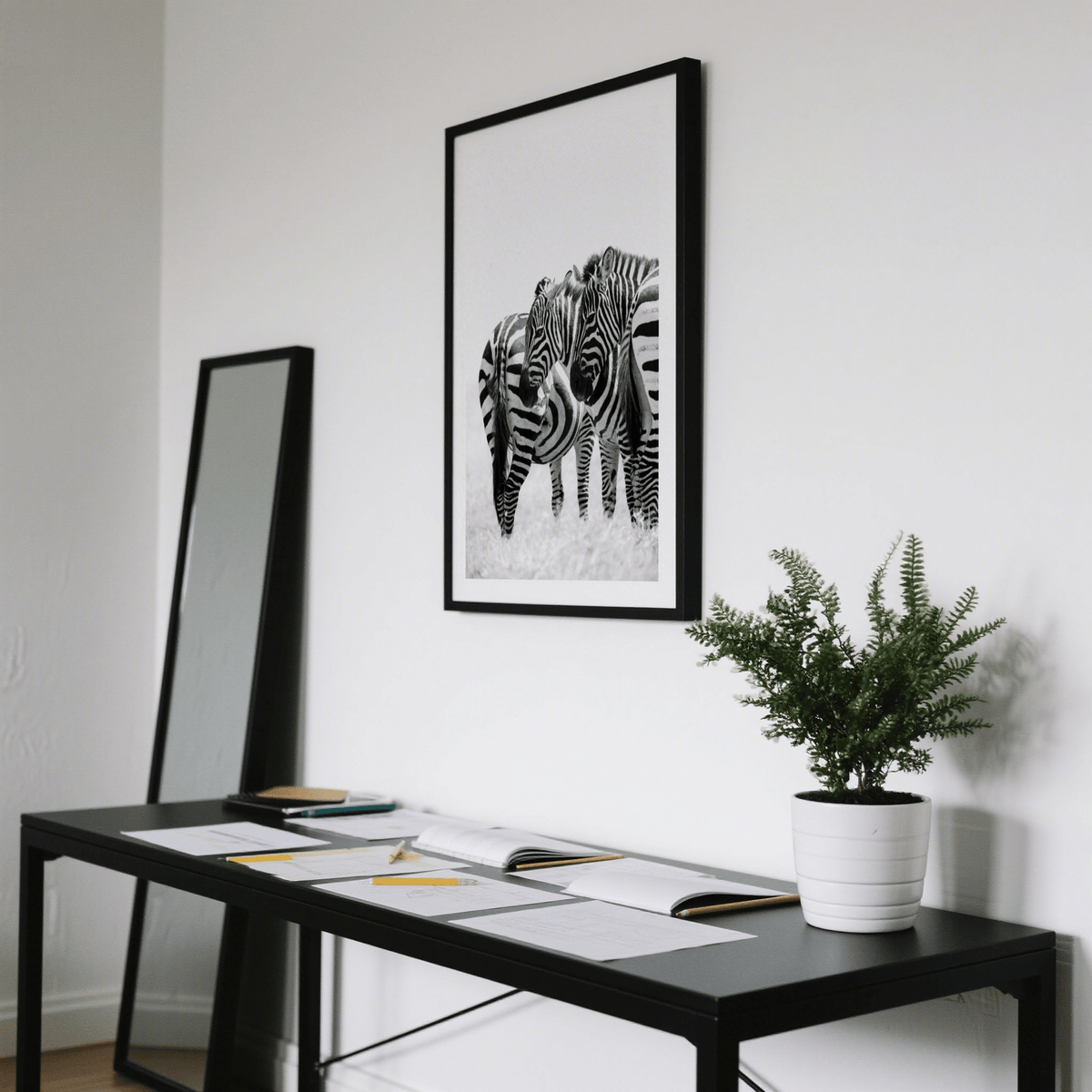 Monochrome zebra pair photograph with negative space above