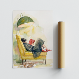 Figurative illustration print of a woman reading on a chaise-like armchair