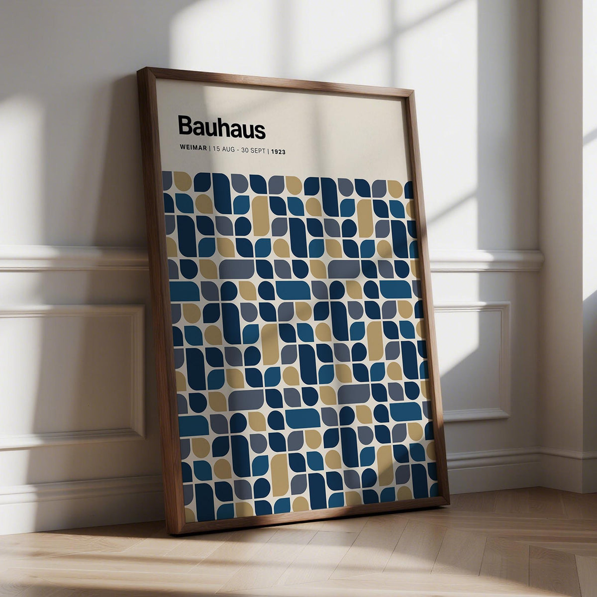 Bauhaus-style Navy and Gold Wall Art featuring modern geometric shapes in a minimalist layout