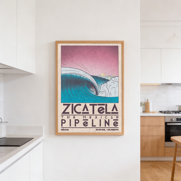 Displaying Zicatela beach wall art print with geometric lettering and wave linework