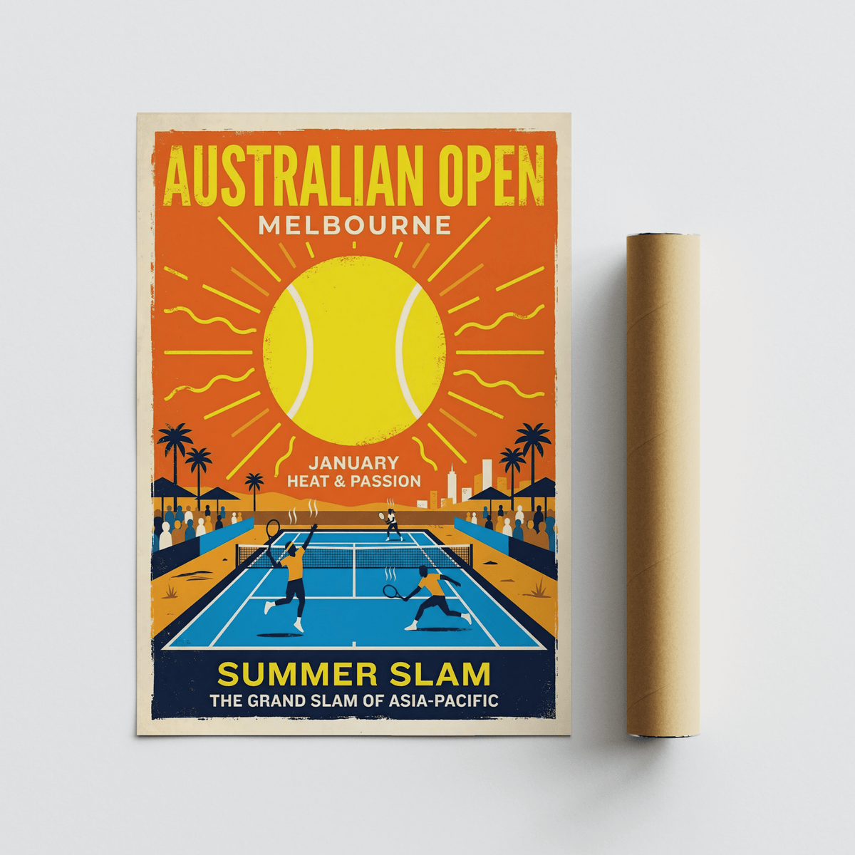 Centered Summer Slam Print wall art featuring big sun graphic above an illustrated tennis match