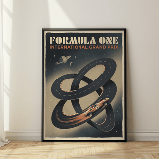 Shown as retro motorsport print with “Formula One” text and planets