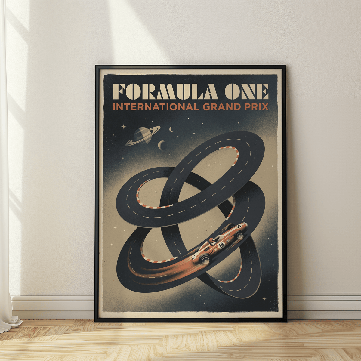 Shown as retro motorsport print with “Formula One” text and planets