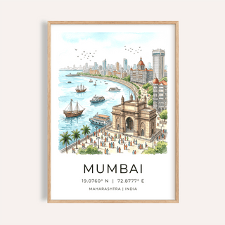 Illustrated Mumbai City Wall Art poster with Gateway of India and boats