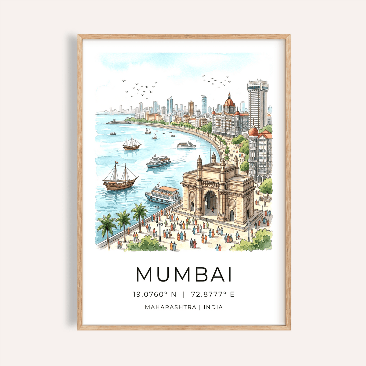 Illustrated Mumbai City Wall Art poster with Gateway of India and boats