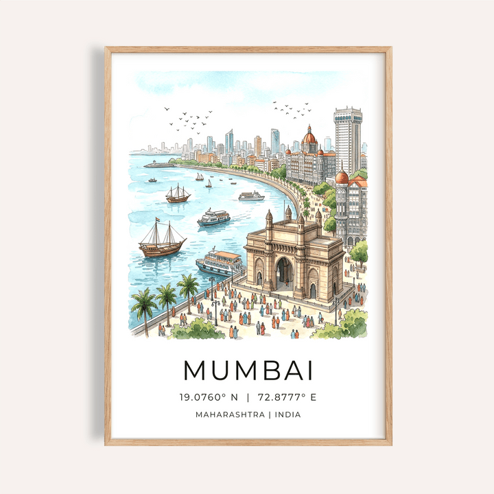 Illustrated Mumbai City Wall Art poster with Gateway of India and boats