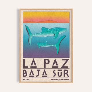 La Paz Mexico Poster with two whale sharks and vintage LA PAZ lettering