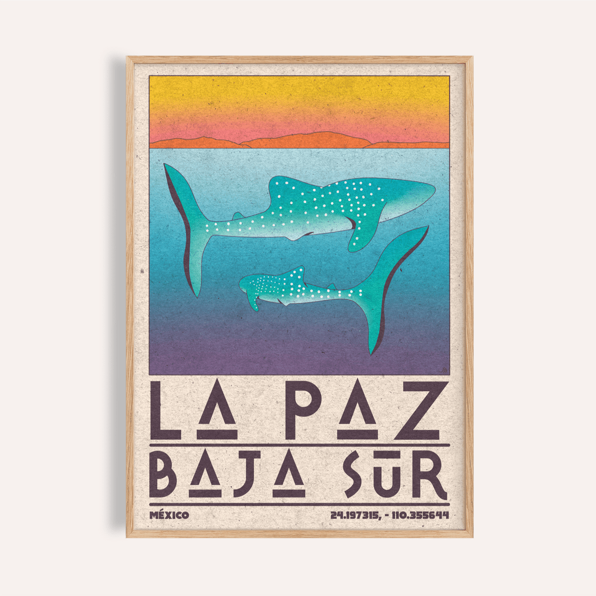 La Paz Mexico Poster with two whale sharks and vintage LA PAZ lettering
