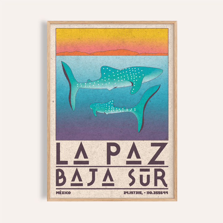 La Paz Mexico Poster with two whale sharks and vintage LA PAZ lettering