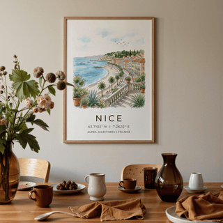 Illustrated terrace steps directing gaze toward sunny Mediterranean shoreline