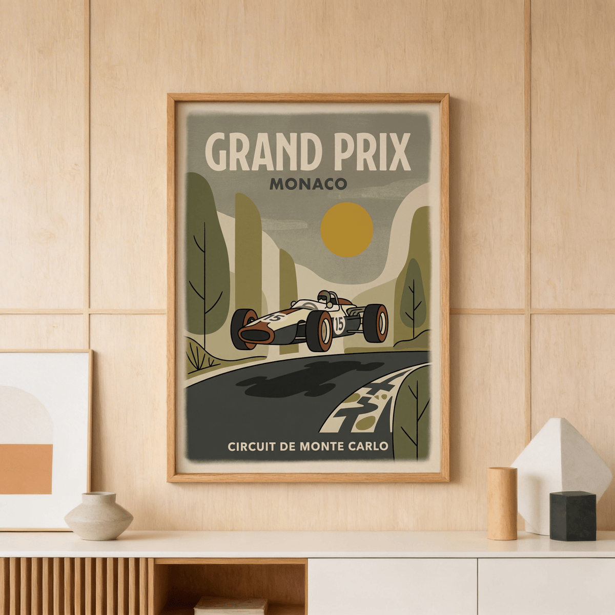 Motorsport Circuit Print displaying bold GRAND PRIX text, race car, and stylized sun
