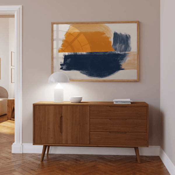 Blue and Orange Abstract Art with Blue and Orange accents, elegant wall art for dining area