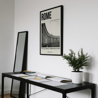 Curved stone colonnade wall art print with repeating columns and Rome typography layout
