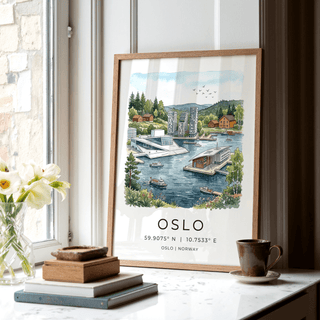 Hand-drawn city poster of Oslo waterfront with coordinates text and birds in the sky