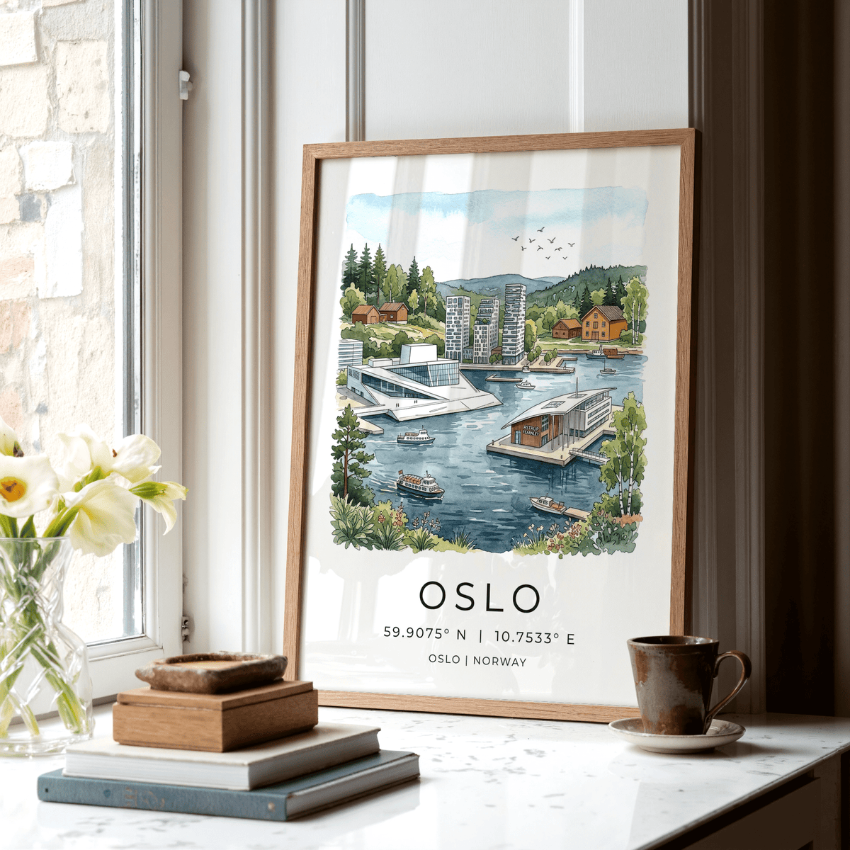 Hand-drawn city poster of Oslo waterfront with coordinates text and birds in the sky