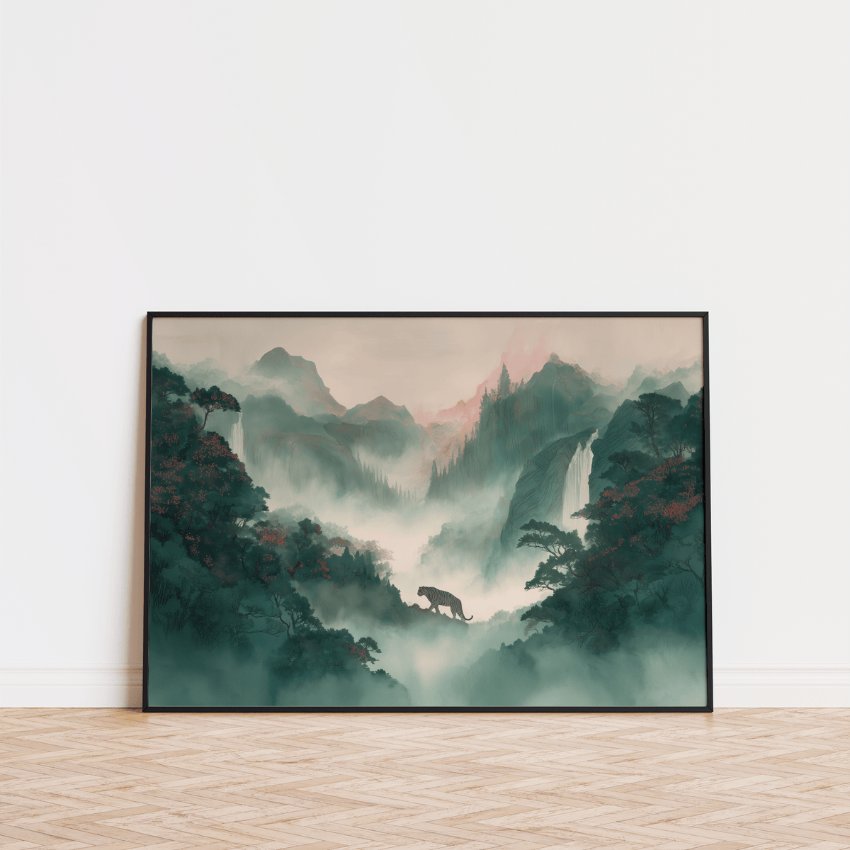 Tiger Landscape Wall Art for calming nursery wall art, green and pink palette