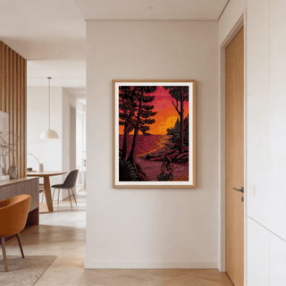Bicycle Adventure Print wall art showing a cyclist heading into a bend beside a lake with birds overhead