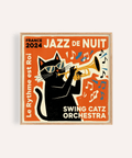 Jazz Cat Art Print with Orange, Black, Yellow in living room wall art