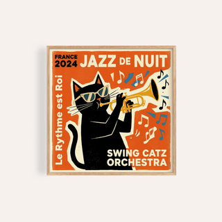 Jazz Cat Art illustration of a black cat with sunglasses playing trumpet on an orange background