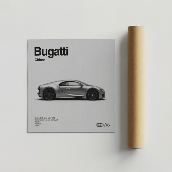 Bugatti Chiron Art Print poster in white and black for lounge display