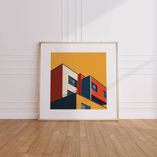 Bold Bauhaus architecture print featuring strong colour contrasts