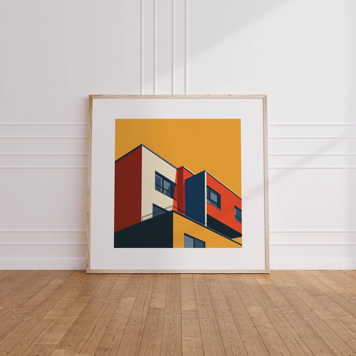 Bold Bauhaus architecture print featuring strong colour contrasts