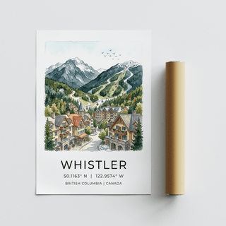 Travel wall art print depicting alpine forest slopes framing a mountain village and cable cars