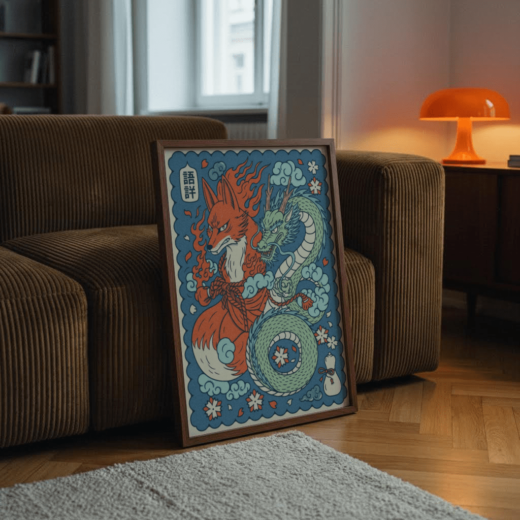 Bold linework wall art print with dragon scales, petals, and floral motifs