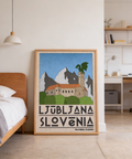 Retro travel poster illustration of Ljubljana castle tower with dragon silhouette