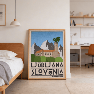 Retro travel poster illustration of Ljubljana castle tower with dragon silhouette