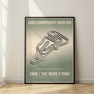 Showcasing a retro circuit map, racing track wall art print with bold header text and “The Devil’s Ring” 1968 typography