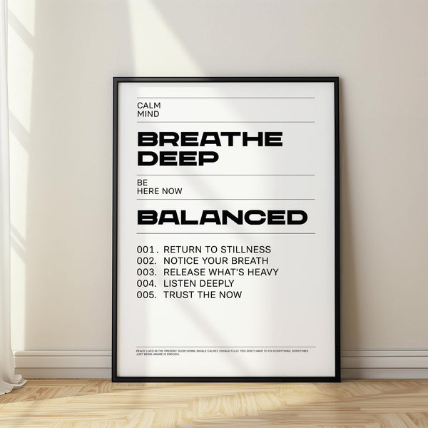 Zen Quotes Breath print in black and white with calming typography.