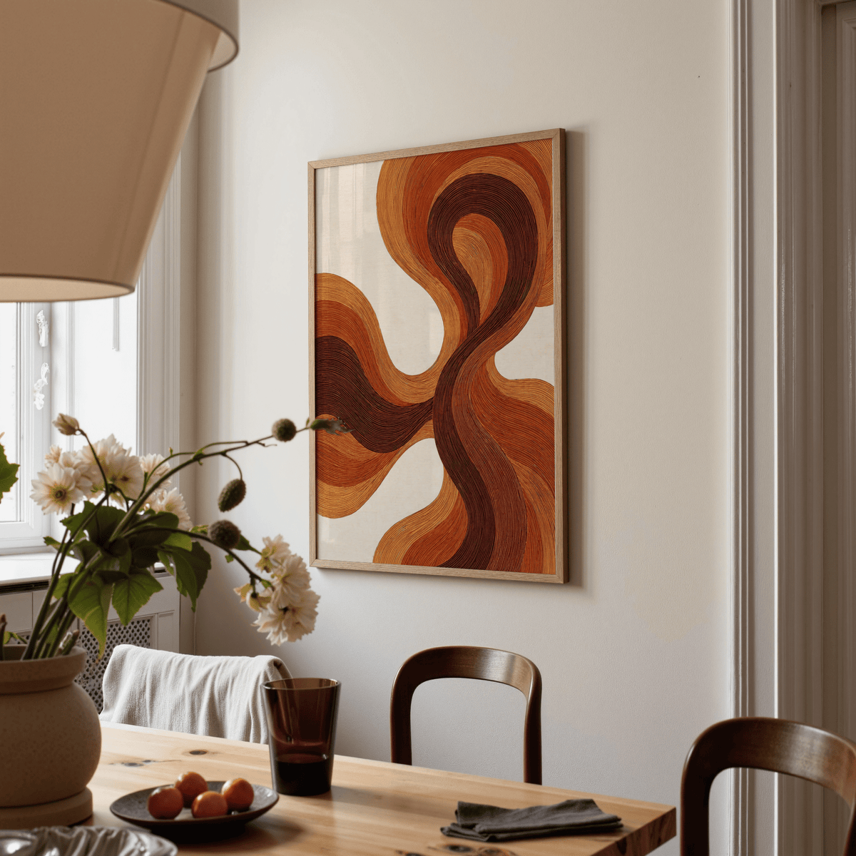 Organic Line Poster swirls with brown tones, living room print detail