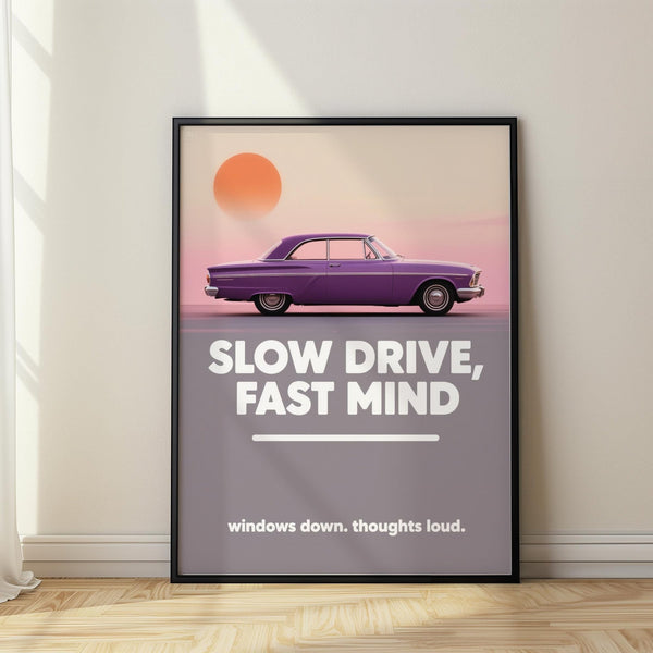 Vintage Car Wall Art with a purple 60s coupe at sunset in a pastel sky.