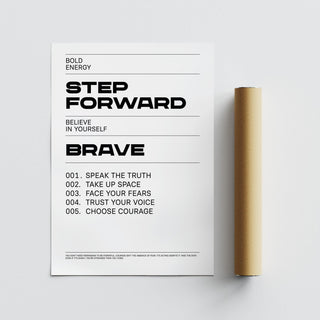Bold black and white artwork with bravery and strength messages.