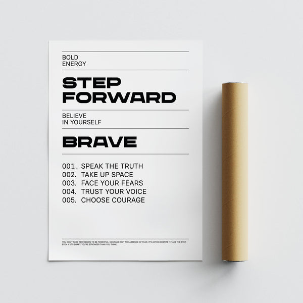 Bold black and white artwork with bravery and strength messages.