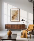 Abstract Gold Art Print hung in modern living room, neutral palette