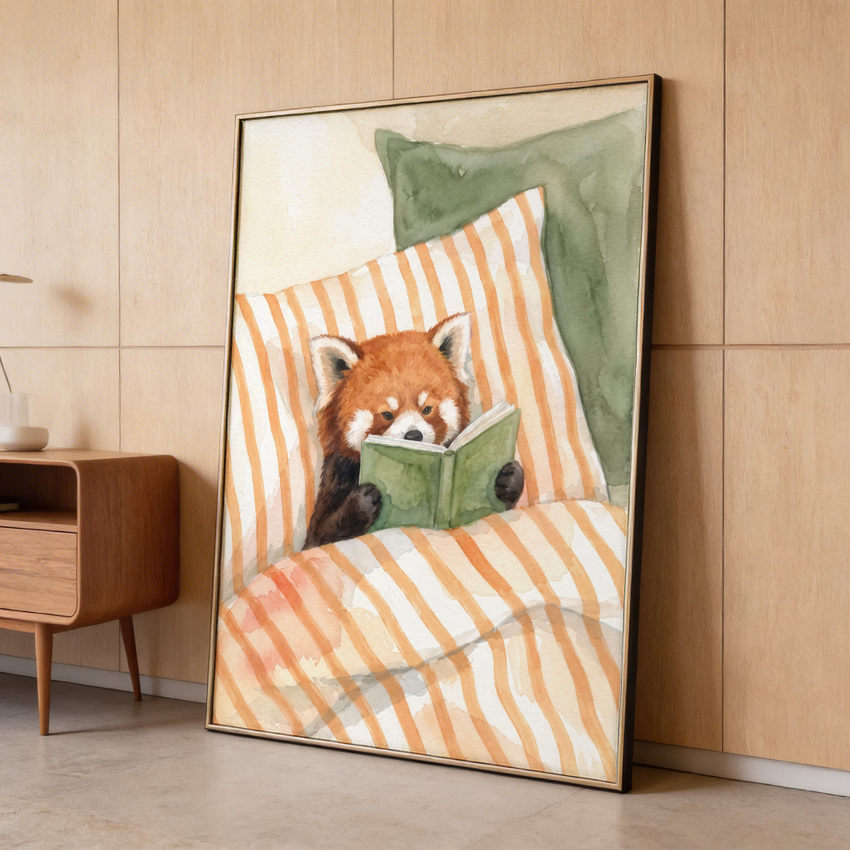 Illustrated nursery poster with a red panda holding a book against a striped duvet and pillow