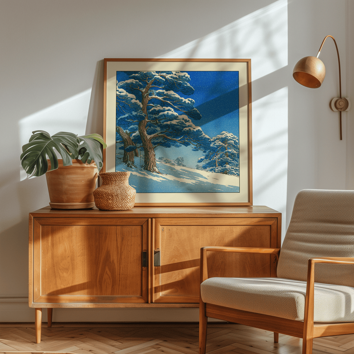 Bordered winter landscape wall art print with trees and open sky negative space
