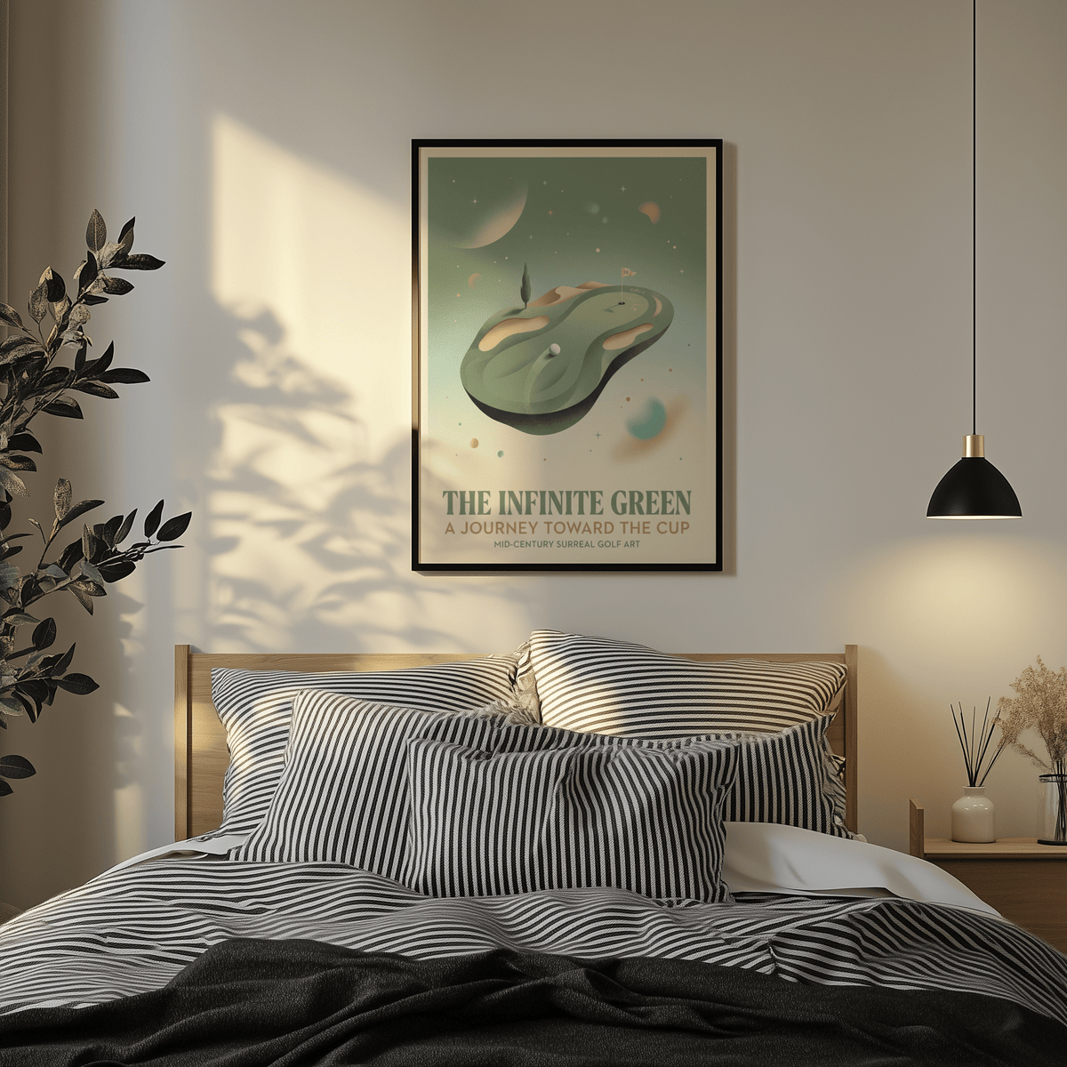 Celestial fairway art print with cup and calm midnight palette, Surreal Golf Art