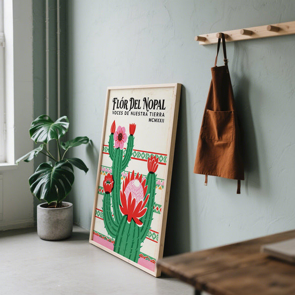 Mexican Folk Art Print with patterned border and cactus flowers.