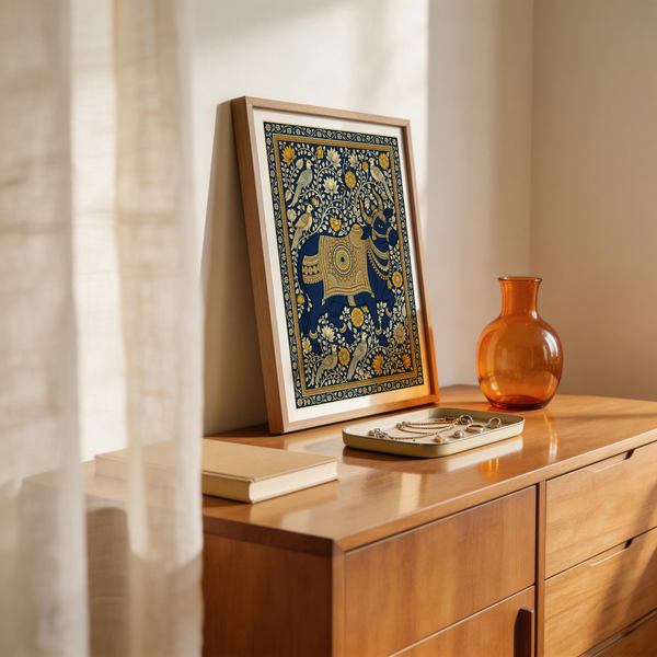 Blue background Indian Art Print featuring horned bull and birds