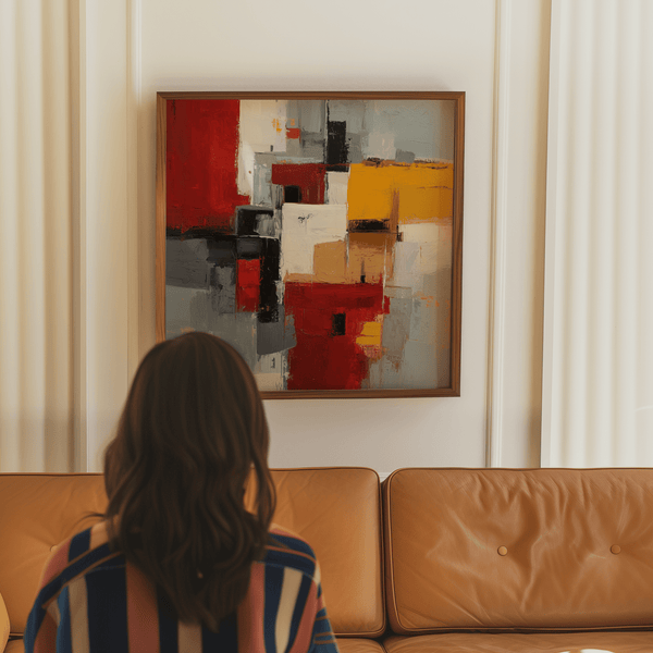 Colorful Abstract Poster Art featuring red, gray, and yellow for bedroom art print